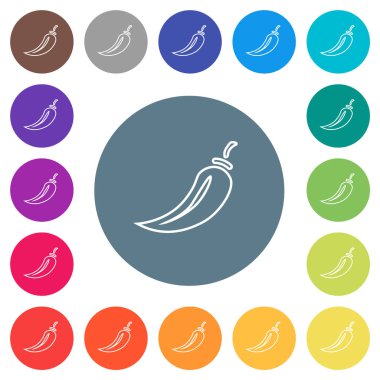 Kırmızı biber ana hatları yuvarlak renkli arka planlarda düz beyaz simgeler. 17 arkaplan renk varyasyonu dahil.