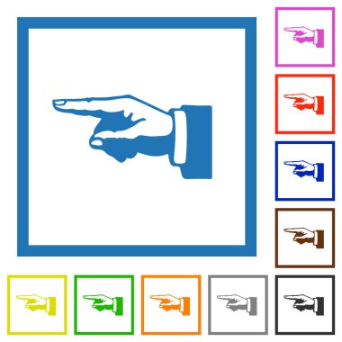 Beyaz arkaplanda kare çerçevelerde düz renk simgeleri çizmek için sol eli işaret et