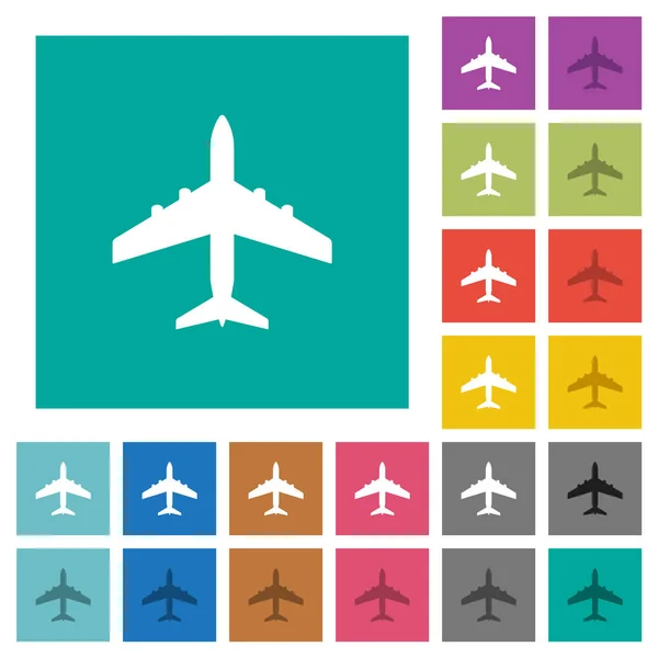 Passagierflugzeuge Mehrfarbige Flache Symbole Auf Einfachen Quadratischen Hintergründen Inklusive Weißer — Stockvektor