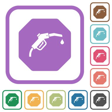 Sekizgen biçimli yakıt yaptırım işareti. Beyaz arkaplanda renkli yuvarlak kare çerçeveler halinde katı basit simgeler.