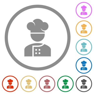 Beyaz arkaplanda yuvarlak hatlı şef düz renk simgeleri