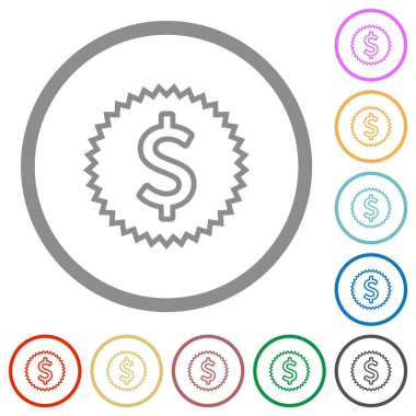 Amerikan Doları etiketi beyaz arkaplanda yuvarlak ana hatlarla düz renk simgeleri çizer