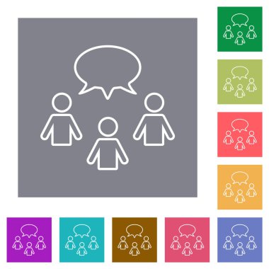 Oval baloncuk anahatlarıyla konuşan üç kişi basit renk kare arkaplan üzerinde düz simgeler çiziyor