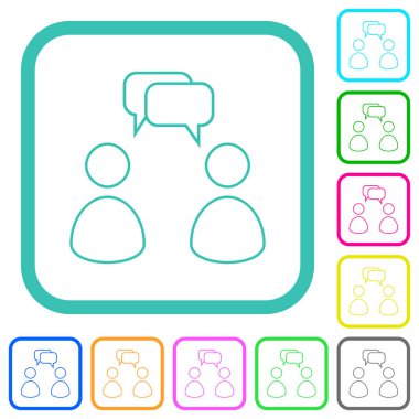 Yuvarlak kare baloncuklu iki konuşan kişi beyaz arkaplanda kıvrımlı sınırlarda canlı renkli düz simgeler çiziyor