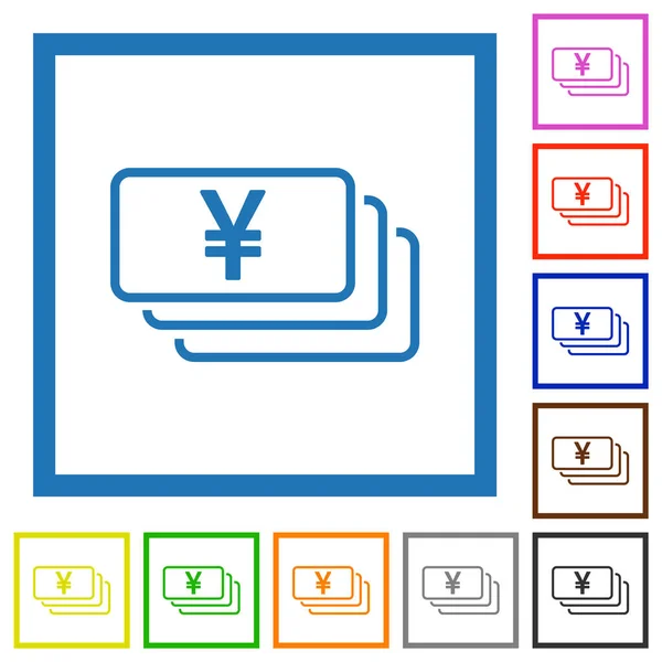 Банкноты Японской Йены Обводят Плоские Иконки Квадратные Рамки Белом Фоне — стоковый вектор