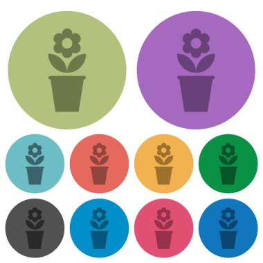 flowerpot with flower and leaves solid darker flat icons on color round background