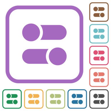 Yatay geçiş beyaz arkaplandaki renkli yuvarlak kare çerçevelerde katı basit simgeleri değiştirir