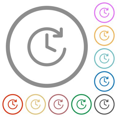 Beyaz arkaplanda yuvarlak çizgilerde çember biçiminde ileri ok ve saat düz renk simgeleri