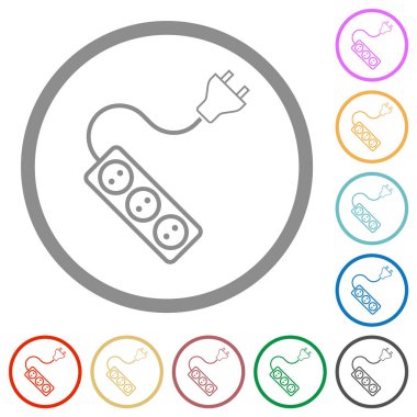 Üç soketi ve uzatma kablosu olan taşınabilir elektrik prizi ve beyaz arkaplanda yuvarlak çizgiler halinde katı düz renk simgeleri