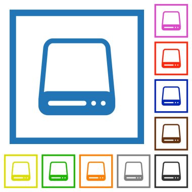 Sabit disk sürücüsü düz renk simgeleri beyaz arkaplan üzerindeki kare çerçeveler
