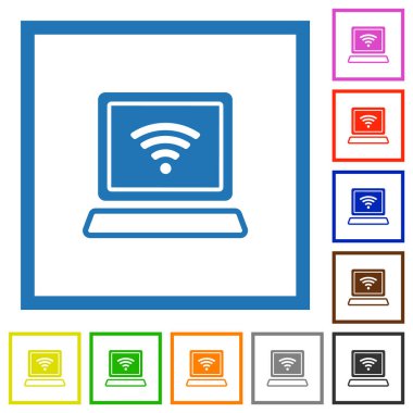Kablosuz sembollü dizüstü bilgisayar beyaz arkaplandaki kare çerçevelerde düz renk simgelerini değiştir