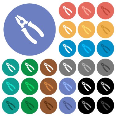 Karmaşık pense, arka planda çok renkli düz simgeler. Uçma ve aktif durum efektleri için beyaz, açık ve koyu simge varyasyonları ve bonus gölgeler.