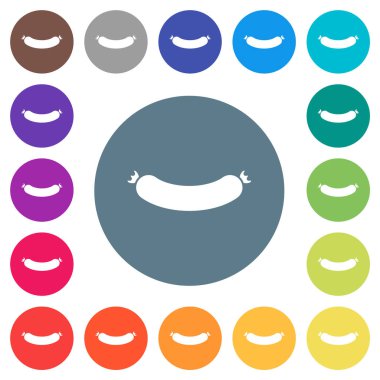 Düz beyaz sosis simgeleri yuvarlak renkli arka planda. 17 arkaplan renk varyasyonu dahil.