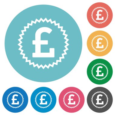 İngiliz Pound etiketi yuvarlak renk arkaplanında düz beyaz simgeler