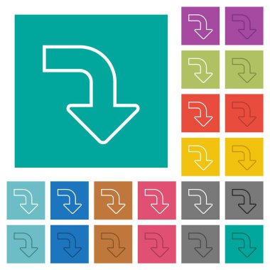 Sağ alttaki ok ana hatları düz kare arkaplan üzerinde çok renkli düz simgeler. Uçan veya etkin efektler için beyaz ve koyu simge varyasyonları.