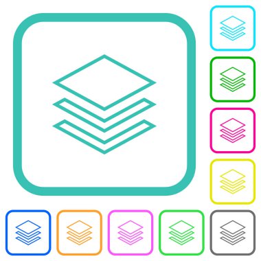 Katmanlar beyaz arkaplan üzerinde eğimli sınırlarda canlı renkli düz simgeler ana hatları