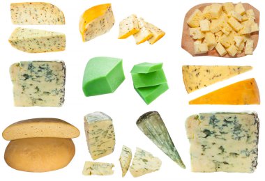 Peynir koleksiyonu beyaza izole edilmiş. Süt ürünleri kavramı