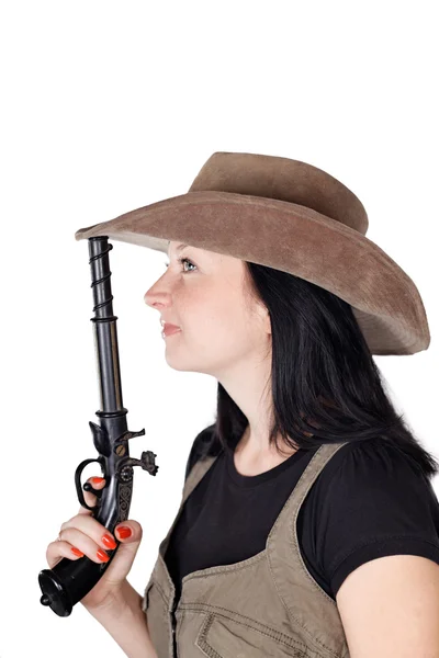Jente med våpen isolert – stockfoto