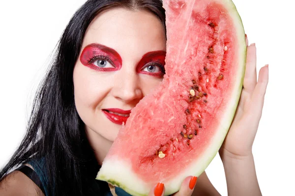 Hübsches Mädchen mit Wassermelone isoliert — Stockfoto