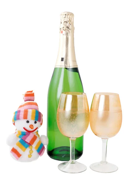Champagne en sneeuwpop geïsoleerd — Stockfoto