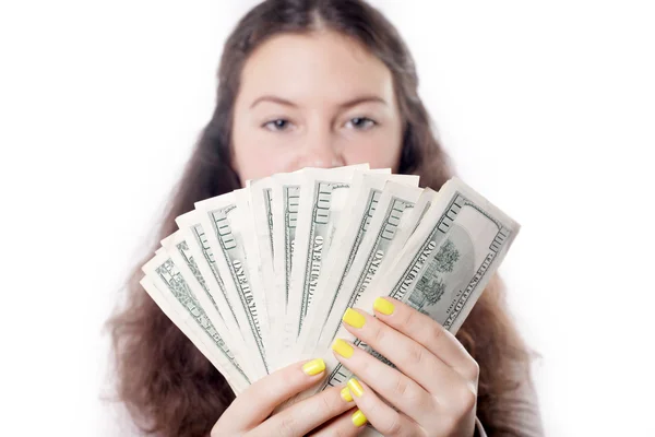 Brunette girl with money isolated — Stock Photo, Image