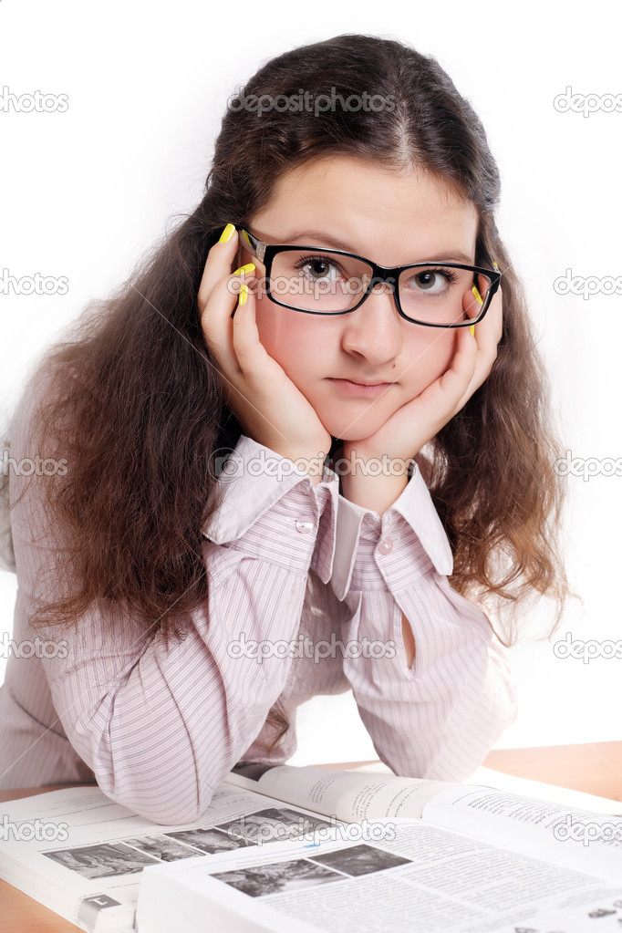 Glasses schoolgirl model tugging