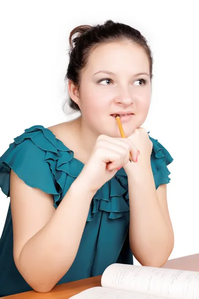 Retrato de uma linda morena estudante aprende — Fotografia de Stock