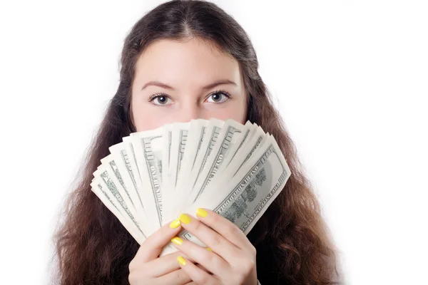 Retrato de una chica morena adolescente con dinero — Foto de Stock