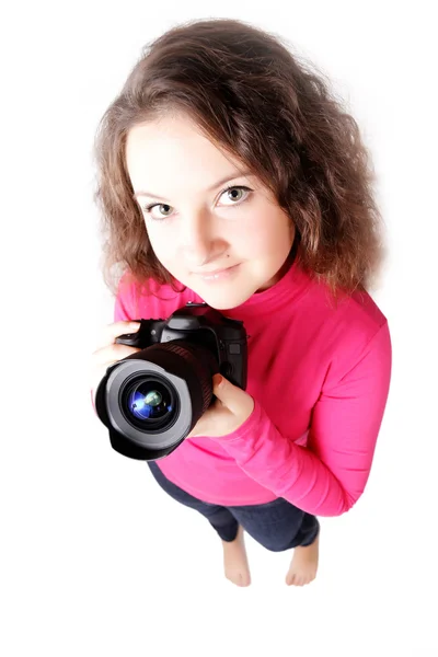 Portrait of a pretty girl photographer isolated — Stock Photo, Image