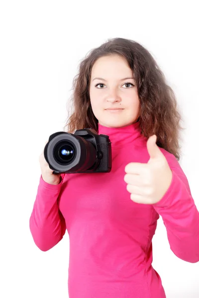 She likes to be a photographer isolated — Stock Photo, Image