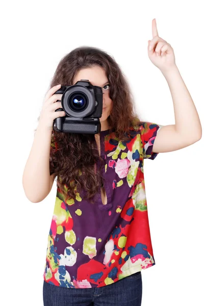 分離されたカメラでかわいい巻き毛の女の子 — ストック写真