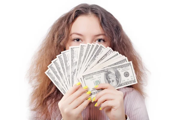 Портрет девушки с фанаткой денег — стоковое фото
