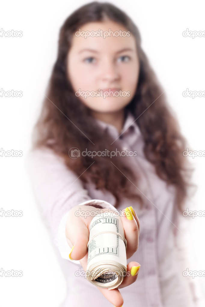 Portrait of a girl giving money isolated