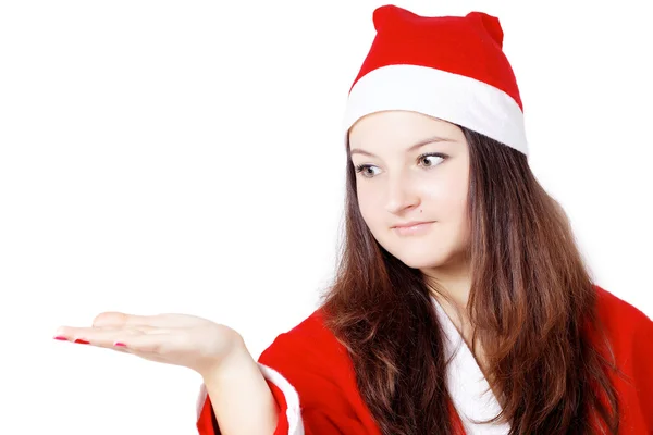 Hübsches junges Mädchen, das als Weihnachtsmann verkleidet aussieht — Stockfoto