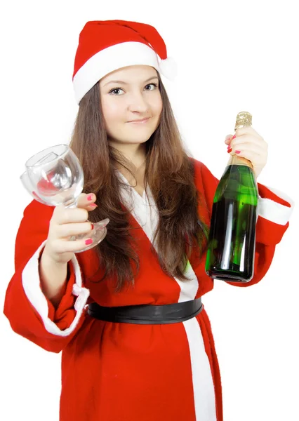 可爱的年轻女孩打扮成圣诞老人与香槟 — 图库照片