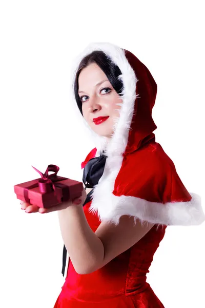 Brunette girl with a gift for Christmas — Stock Photo, Image