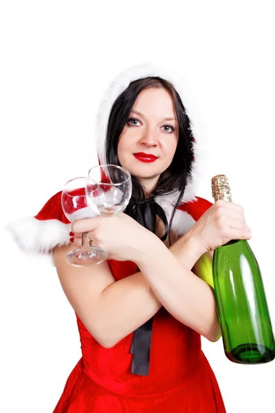 Flicka firar jul med champagne — Stockfoto