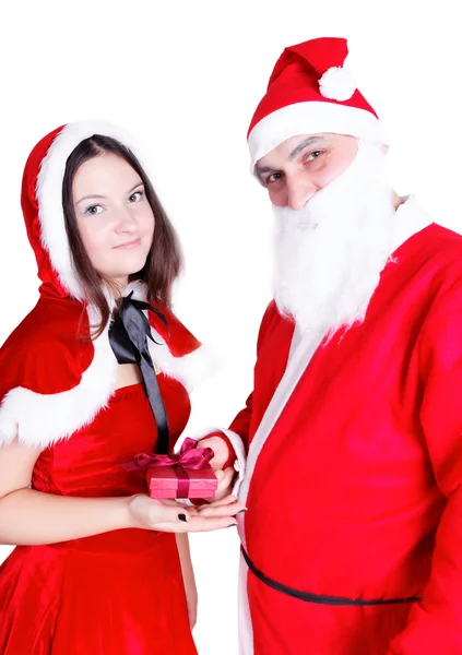 Santa Claus Snow Maiden gives a gift — Stock Photo, Image