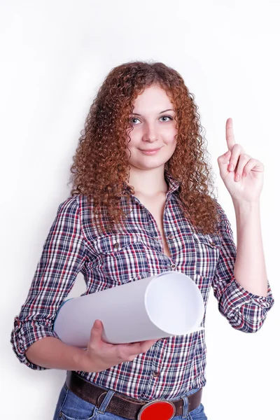Pretty curly girl with a drawing — Stock Photo, Image