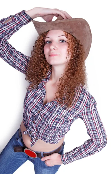 Bella ragazza riccia il cowboy — Foto Stock