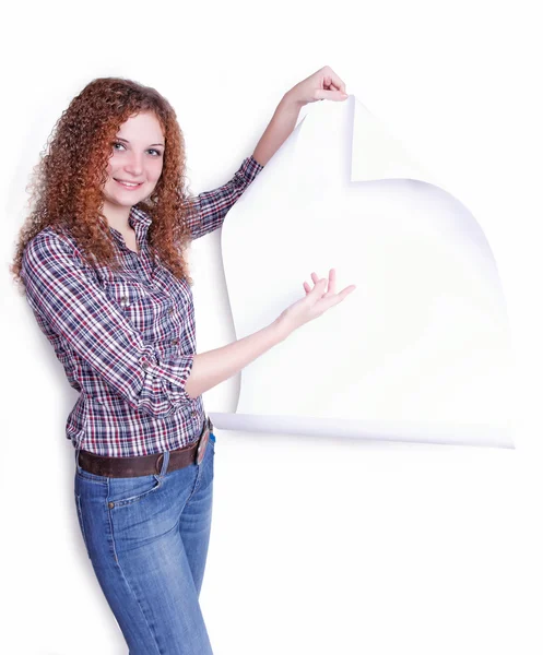 Pretty curly girl with a poster in a hand — Stock Photo, Image