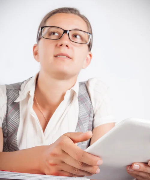 Cute office employee with the tablet — Stock Photo, Image