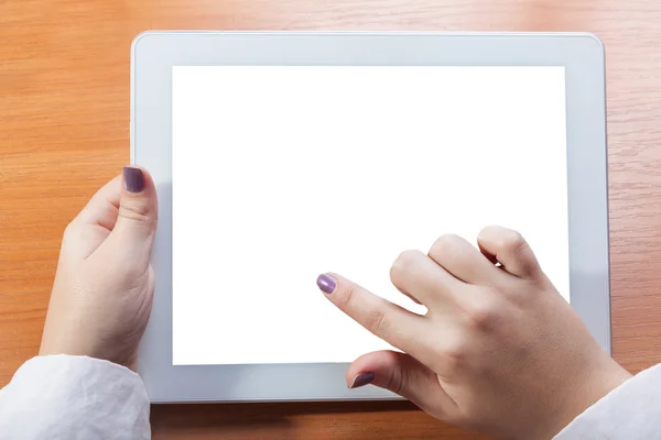 tablet in his hands with a clean white screen