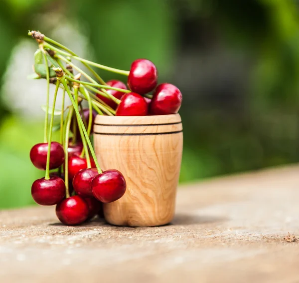 Bunch of ripe cherries with green leaves — Stock Photo, Image