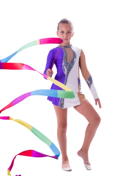 Girl gymnast with ribbon in hand — Stock Photo, Image