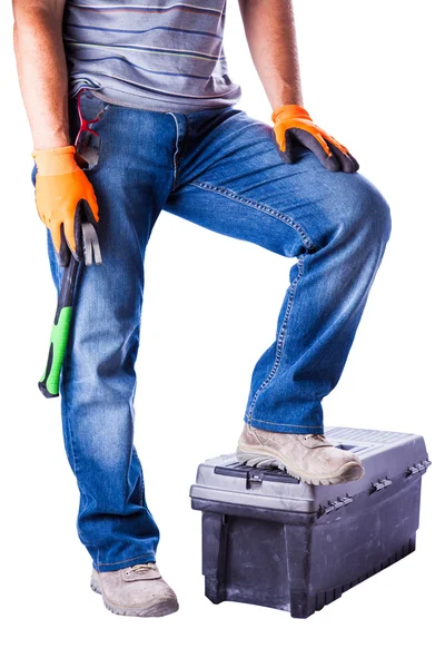 Man put his foot on the toolbox — Stock Photo, Image