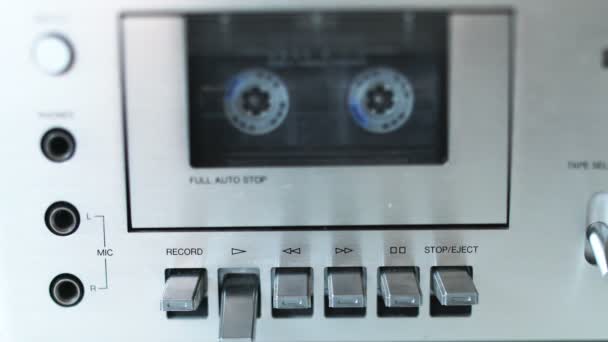 Man Turns Tape Recorder Cassette Close — Stock Video
