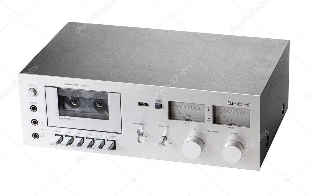 audio tape recorder closeup on white isolated background
