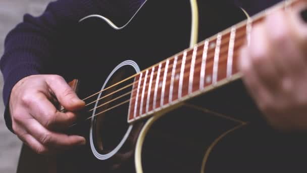 Man Playing Guitar Hands Strings Close — 图库视频影像