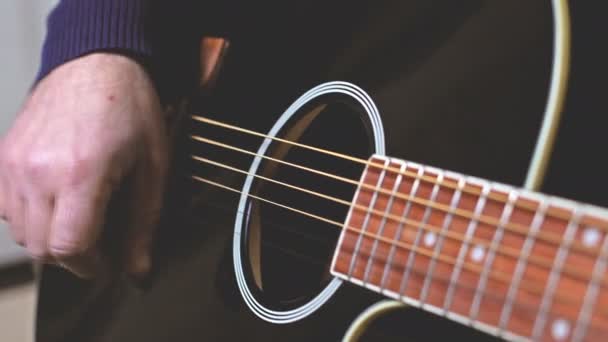 Man Playing Guitar Hands Strings Close — Vídeo de stock